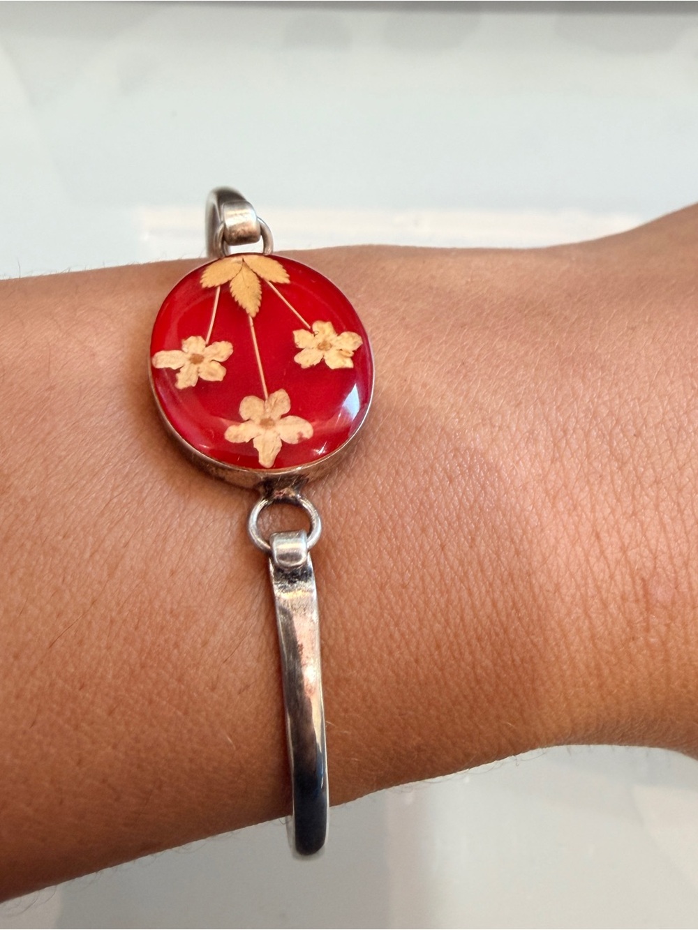 Sterling Silver Handcrafted Red Floral Resin Bracelet